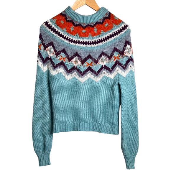 J.Crew Zigzag Fair Isle Sweater Lambswool Blend In Aqua Women's XXS - Picture 3 of 8